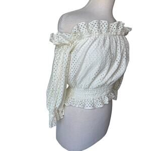 OLMPIAH Eyelet Lace Ruffle Off the Shoulder Cropped Blouse Cream Size 36/ Small